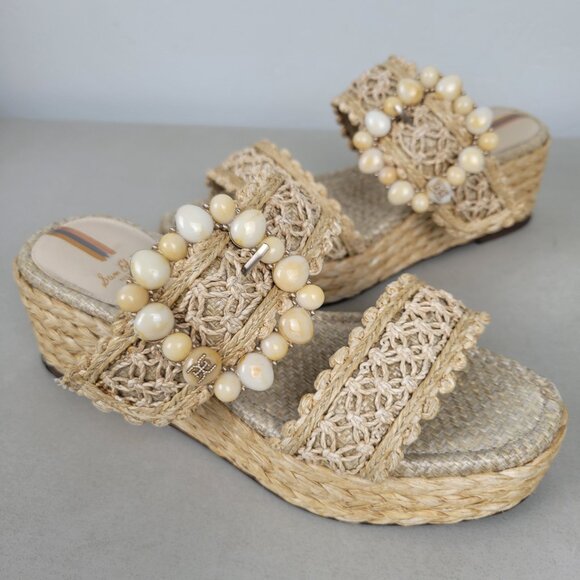 Sam Edelman Size 8M Cadance Sandals Natural Raffia Open Toe Embellished Wedge - Picture 9 of 12